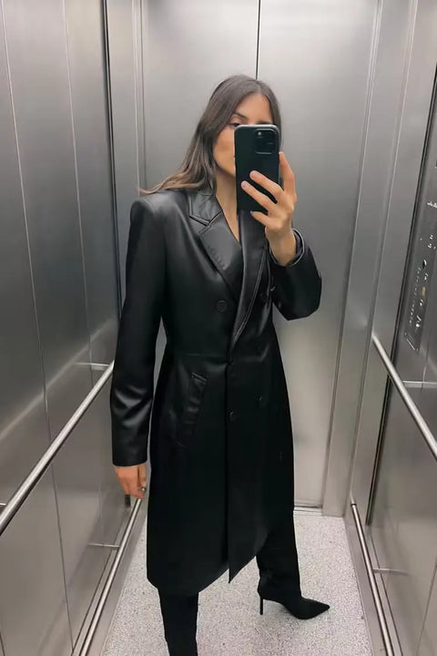 BLACK FAUX LEATHER LONGLINE COAT