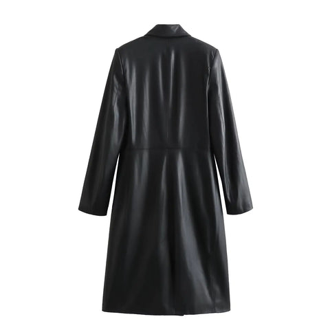 BLACK FAUX LEATHER LONGLINE COAT