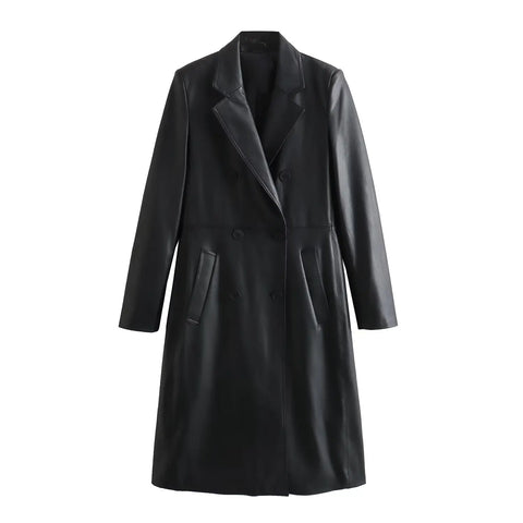 BLACK FAUX LEATHER LONGLINE COAT