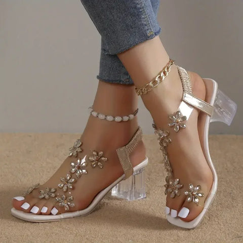 Dames Bloem Rhinestone Hak Sandalen